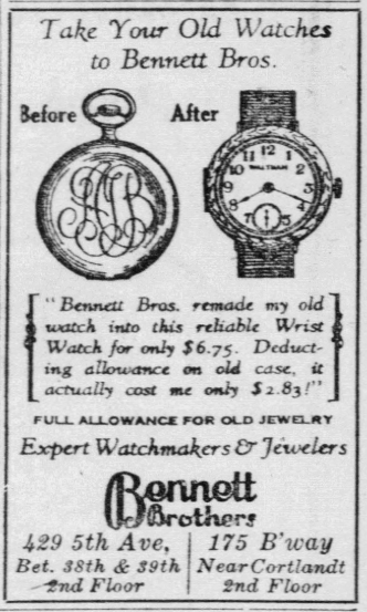 1926 newspaper advertisement from Bennett Brothers showing a pocket watch before conversion and a wristwatch after conversion, promoting watch remodeling and jewelry services.