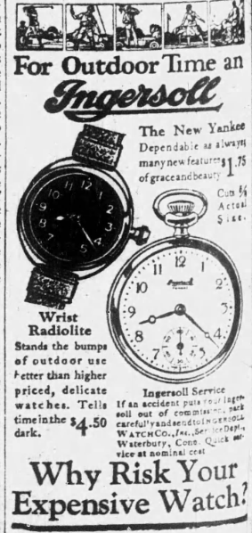 1926 Ingersoll watch advertisement featuring wrist and pocket watches marketed for outdoor use and reliability.