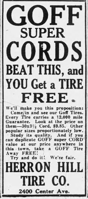1926 newspaper advertisement for Goff Super Cords tires offering a free tire promotion through Herron Hill Tire Co.