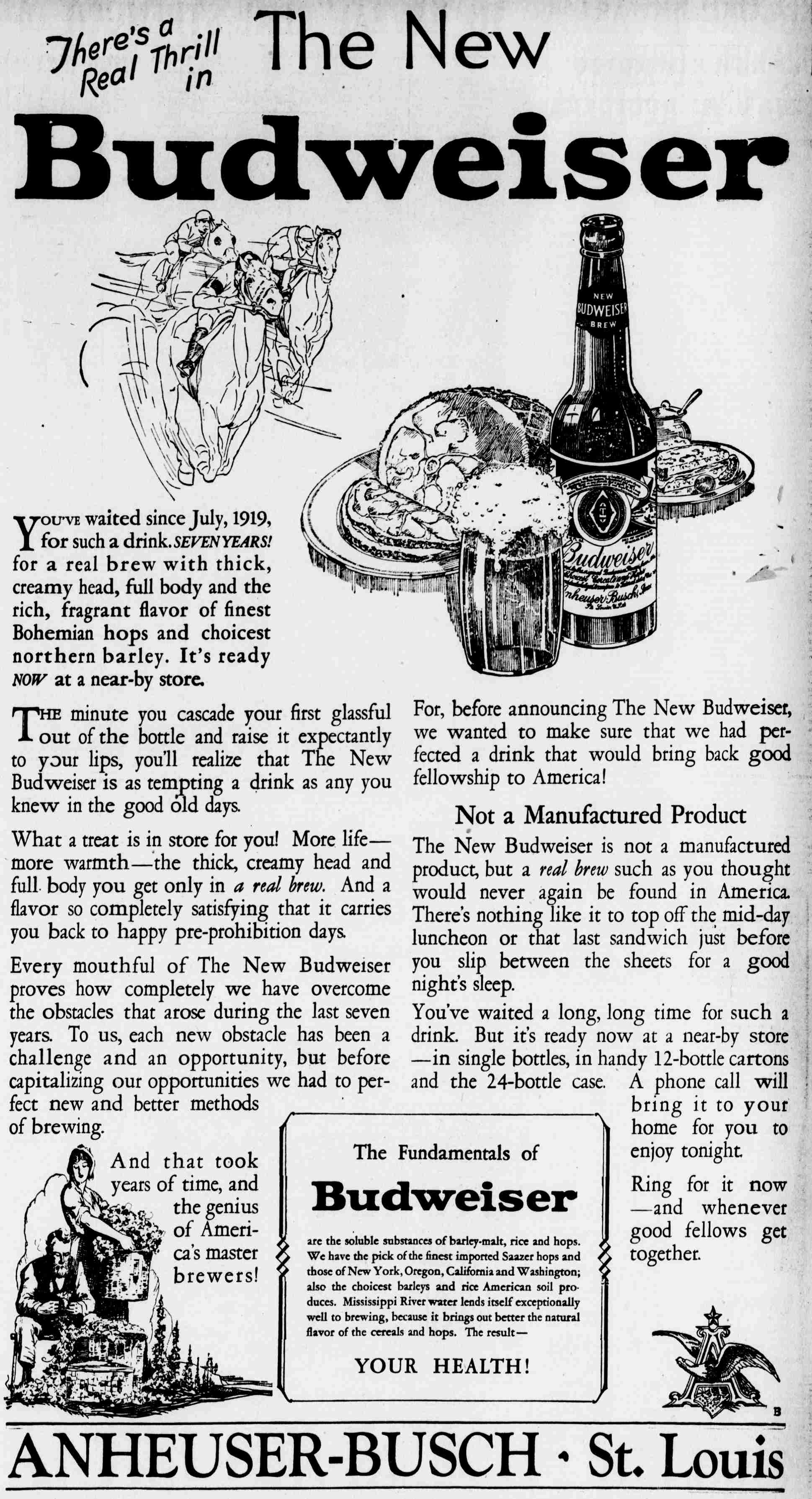 Full-page 1926 Budweiser advertisement featuring a beer bottle, foaming mug, food platter, and horse race illustration. The ad promotes the “New Budweiser” as a rich, pre-Prohibition-style brew produced by Anheuser-Busch of St. Louis.