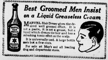 Small 1926 newspaper advertisement for Mary Hair Dressing showing a bottle of hair tonic and an illustration of a neatly groomed man. The ad promotes a liquid greaseless cream sold at drug and department stores.