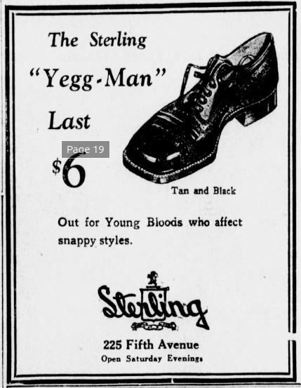 1926 shoe advertisement featuring the Sterling “Yegg-Man” oxford shoe. The ad highlights the fashionable design for young men and lists a price of six dollars at Sterling's store on Fifth Avenue.