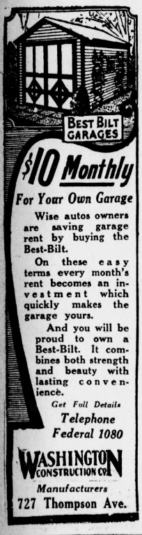 Narrow 1926 newspaper advertisement depicting a Best-Bilt garage and promoting garage construction for ten dollars per month. The ad encourages homeowners to replace garage rental costs with ownership through installment payments.