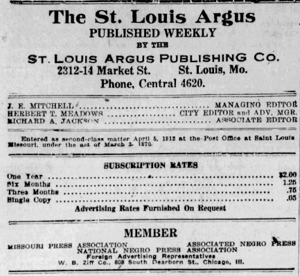 Publication information page from the June 25, 1926 St. Louis Argus showing editors, subscription rates, and publisher details.