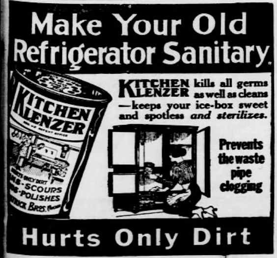 1926 Kitchen Lenzer ad showing a cleaning powder for iceboxes and refrigerators, claiming to kill germs, prevent waste-pipe clogs, and keep food storage sanitary.
