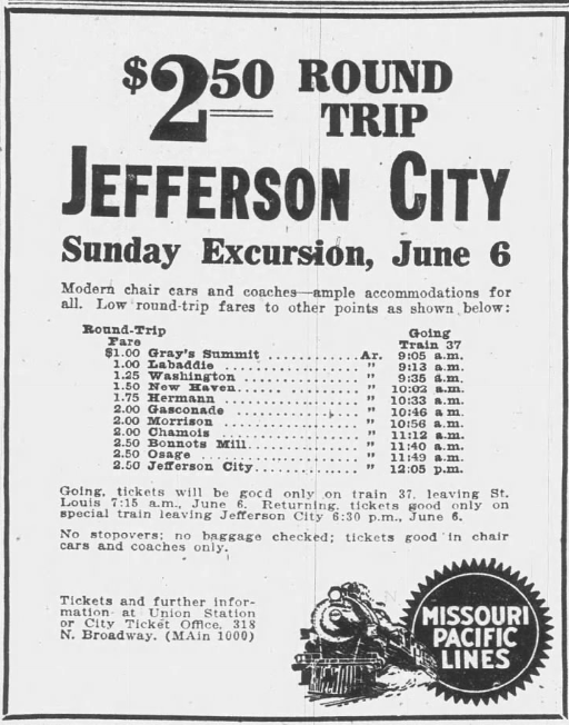 1926 Missouri Pacific Lines advertisement offering a $2.50 round-trip Sunday excursion from St. Louis to Jefferson City, listing fares, departure times, and stops along the route.