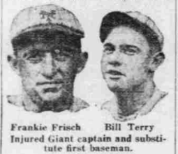 Alt Text: Newspaper portraits of Frankie Frisch and Bill Terry during the Giants' June 1, 1926 victory over Philadelphia.