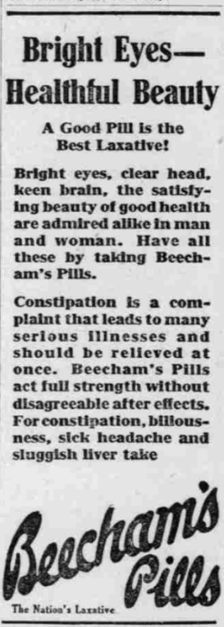 1926 Beecham’s Pills advertisement claiming improved health, clear thinking, and relief from constipation, headaches, and sluggish liver symptoms.
