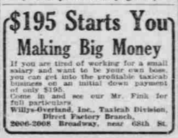 1926 classified ad offering a taxicab business opportunity for $195 with installment payments and promises of substantial earnings.