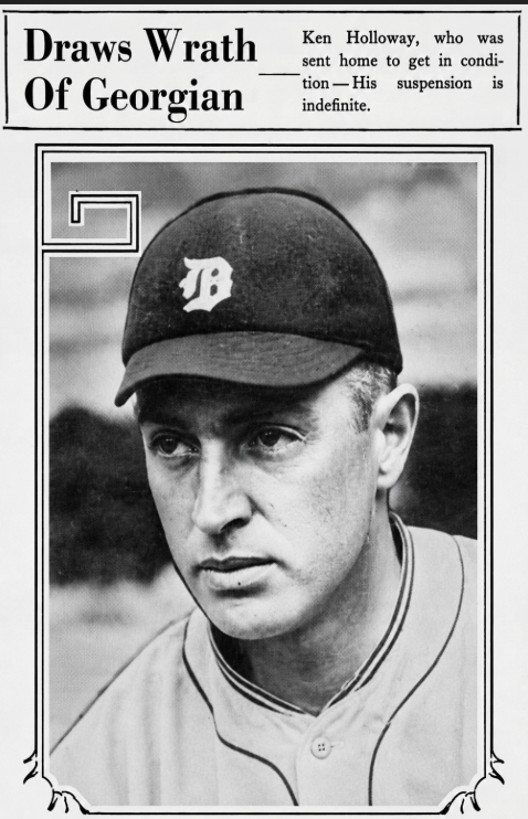 AI-enhanced version of a June 1926 newspaper photo showing Detroit Tigers pitcher Ken Holloway after his suspension by Ty Cobb for failing to maintain playing condition.