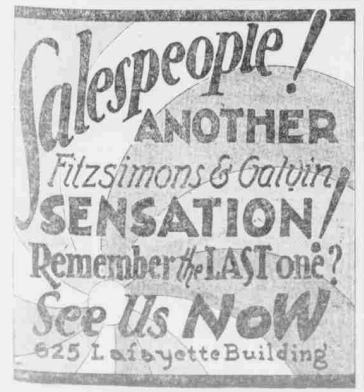 Newspaper advertisement for Fitzsimons & Gavin featuring the headline “Salespeople! Another Fitzsimons & Gavin Sensation!” and an address in the Lafayette Building.