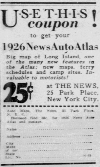 1926 newspaper coupon advertisement for the New York Daily News Auto Atlas, offering maps, ferry schedules, and travel information for motorists for 25 cents.