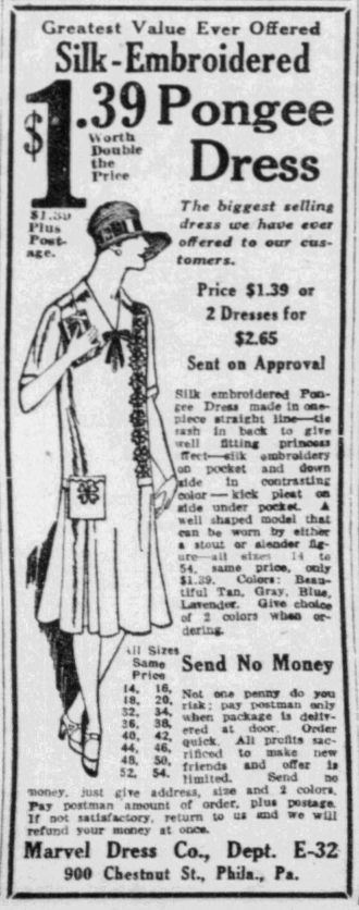 1926 newspaper advertisement featuring a woman modeling a silk-embroidered pongee dress offered by mail order from Marvel Dress Company for $1.39.