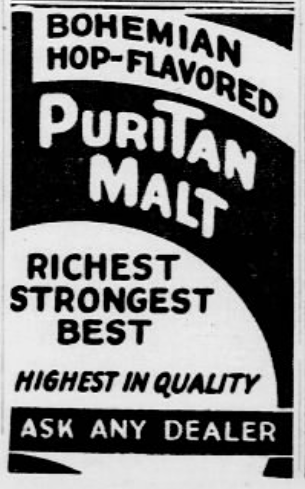 1926 Puritan Malt advertisement featuring Bohemian hop flavor claims and the slogan “Richest, Strongest, Best,” encouraging customers to ask their local dealer.