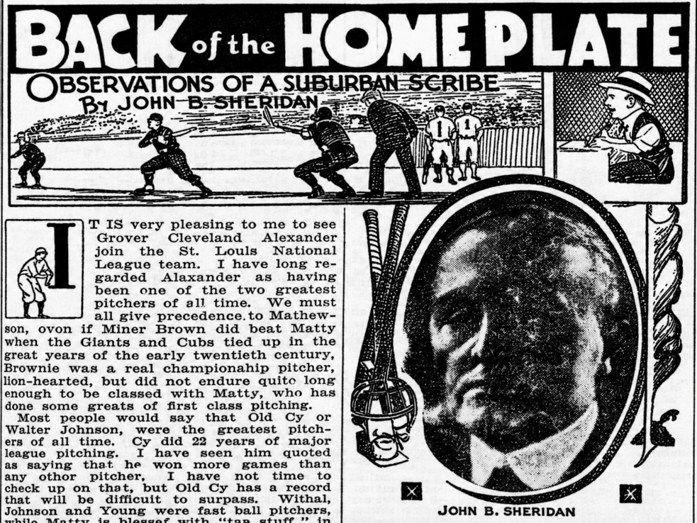 1926 Sporting News "Back of the Home Plate" column by John B. Sheridan featuring an illustrated portrait of Sheridan and commentary on Grover Cleveland Alexander.