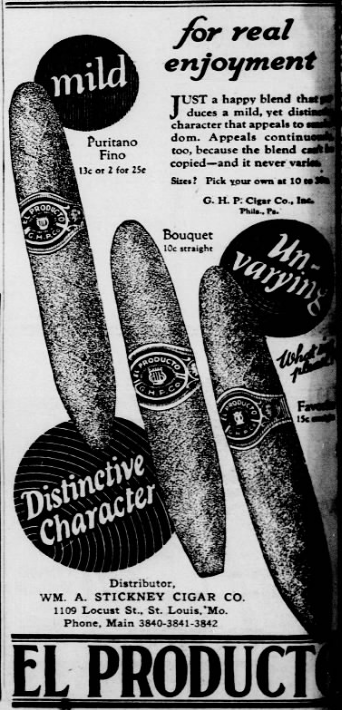 1926 El Producto cigar advertisement featuring Puritano Fino and Bouquet cigars, highlighting mild flavor, consistent quality, and distinctive character for cigar smokers.
