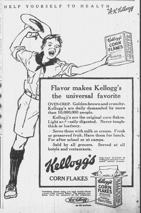 1926 Kellogg's Corn Flakes ad featuring a boy holding a cereal box and promoting the cereal as a healthy, popular breakfast enjoyed by millions.