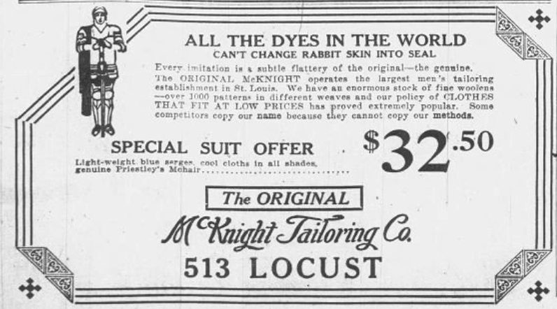1926 McKnight Tailoring Co. advertisement offering custom-made summer suits in St. Louis for $32.50 and emphasizing quality tailoring at low prices.