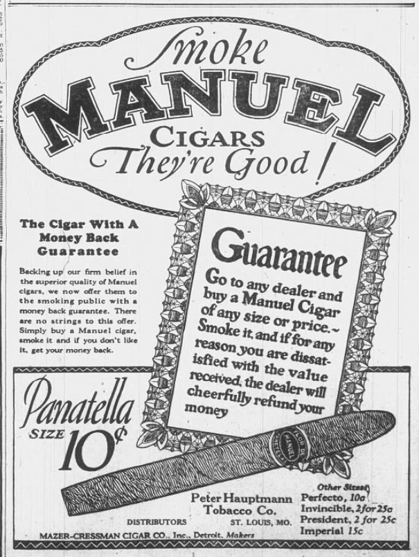 1926 Manuel Cigars advertisement featuring a money-back guarantee and promoting multiple cigar varieties sold through St. Louis distributors.