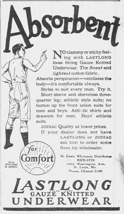 1926 Lastlong underwear advertisement promoting lightweight gauze-knit undergarments for men and boys, emphasizing comfort, ventilation, and summer wear.