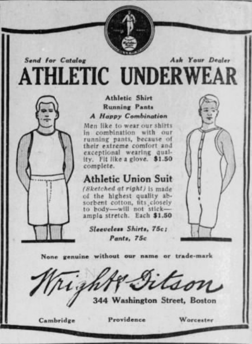 Vintage 1926 Wright & Ditson advertisement featuring athletic underwear, union suits, shirts, and running pants.