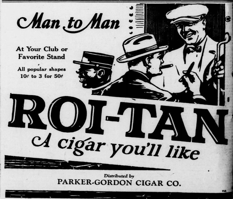 Vintage Roi-Tan cigar advertisement featuring illustrated men smoking cigars and promoting the brand.