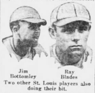 Black-and-white newspaper composite showing Cardinals hitters Jim Bottomley and Ray Blades.