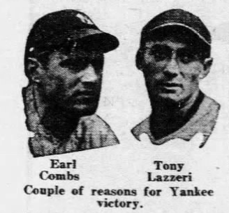 Portraits of Yankees Earl Combs and Tony Lazzeri with a newspaper caption crediting them for New York's 4–3 victory over Detroit.