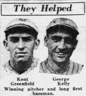 Portraits of Giants pitcher Kent Greenfield and first baseman George Kelly following New York's win over Cincinnati.