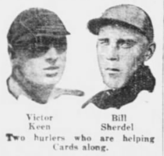 Newspaper composite featuring Cardinals pitchers Victor Keen and Bill Sherdel with identifying captions