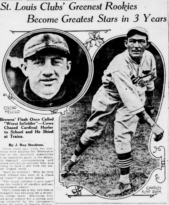 Newspaper feature showing Oscar Melillo and Flint Rhem, highlighting their rise from unheralded prospects to standout St. Louis rookies by 1926.