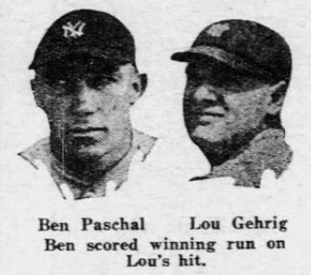 Ben Paschal and Lou Gehrig after Gehrig's game-winning hit lifted the Yankees over Cleveland in 12 innings.