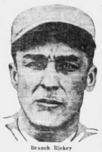 Black-and-white newspaper portrait of Branch Rickey wearing a Cardinals cap during the 1926 season.