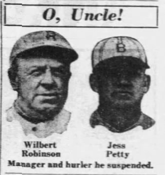 Newspaper portraits of Dodgers manager Wilbert Robinson and pitcher Jess Petty following Petty's suspension in July 1926.