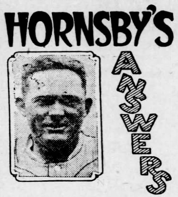Portrait of Rogers Hornsby accompanying the Hornsby's Answers baseball rules column in the July 18, 1926 St. Louis Post-Dispatch.