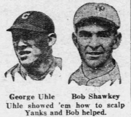 1926 newspaper photo featuring Cleveland pitcher George Uhle and Yankees pitcher Bob Shawkey with a caption about Cleveland's victory.