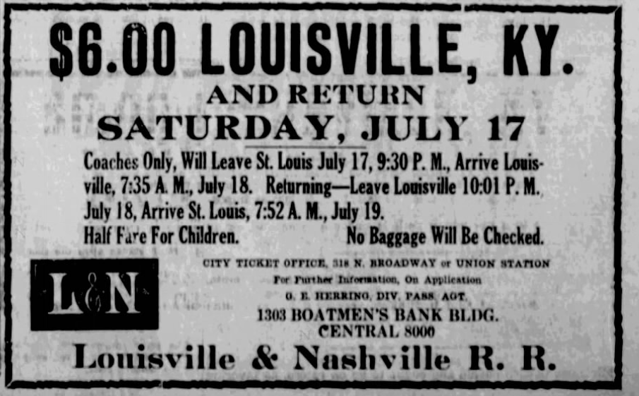 1926 Louisville & Nashville Railroad newspaper ad promoting a $6 round-trip excursion from St. Louis to Louisville, Kentucky.