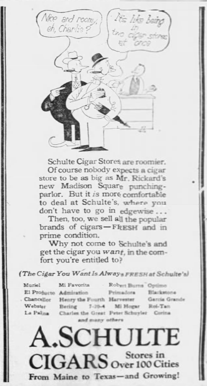 1926 A. Schulte Cigars newspaper advertisement featuring an illustrated cartoon promoting fresh cigars.