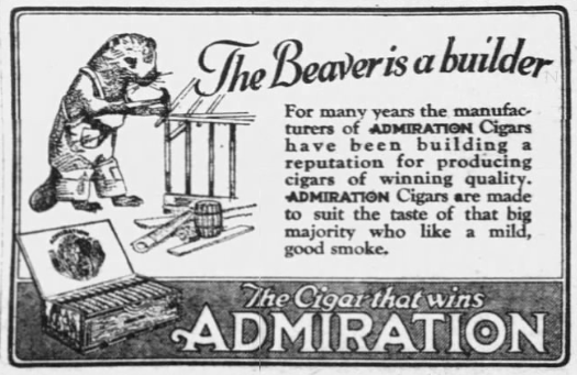 1926 Admiration Cigars newspaper advertisement with a beaver carpenter mascot and an open cigar box promoting the brand's mild cigars.