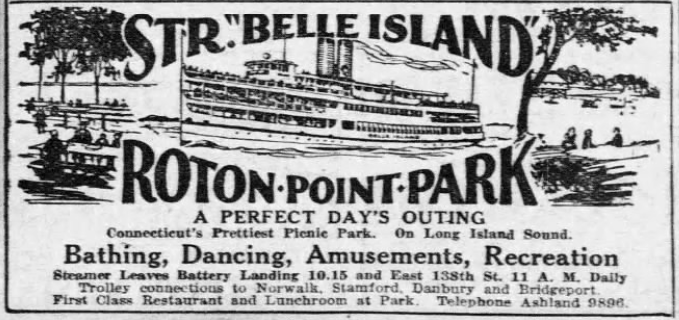 1926 Belle Island and Roton Point Park newspaper advertisement promoting steamboat excursions and summer recreation.