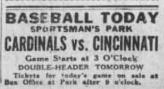 Newspaper advertisement for the July 4, 1926 Cardinals vs. Reds game and holiday doubleheader at Sportsman's Park.