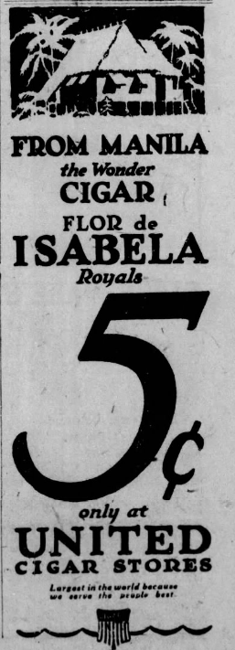 1926 newspaper advertisement for Flor de Isabela Royals cigars sold at United Cigar Stores.