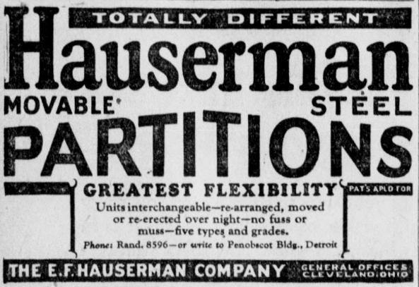 1926 E.F. Hauserman Company advertisement promoting movable steel office partitions with emphasis on flexible, interchangeable workspace designs.