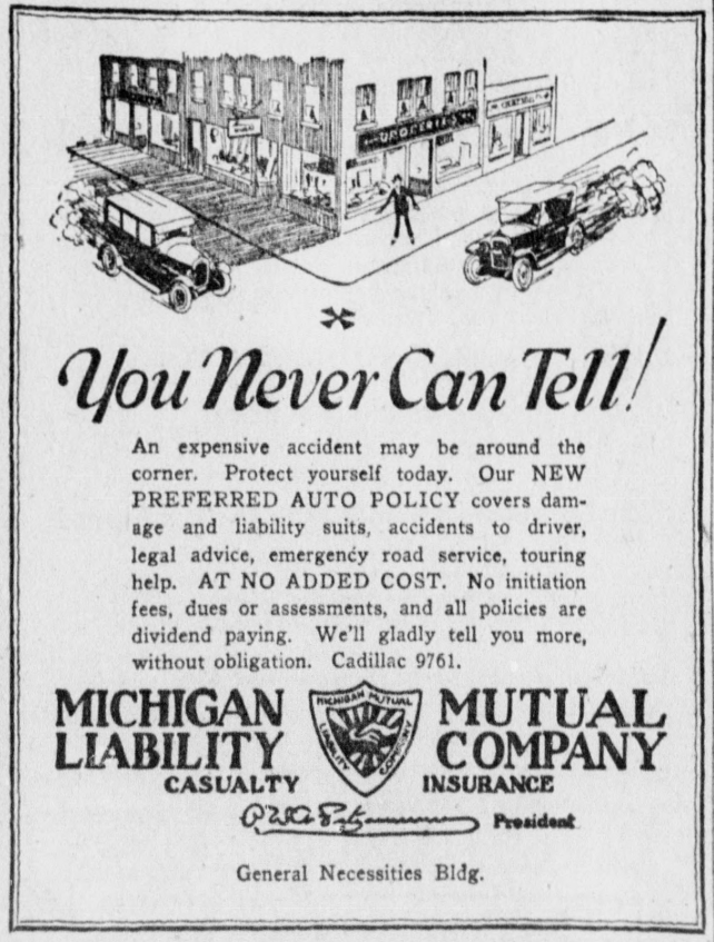 1926 Michigan Mutual Liability Company advertisement for Preferred Auto Policy featuring liability coverage, legal assistance, and emergency roadside service.