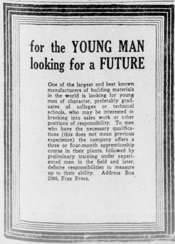 1926 employment advertisement recruiting young men for apprenticeship, sales training, and management opportunities in the building materials industry.