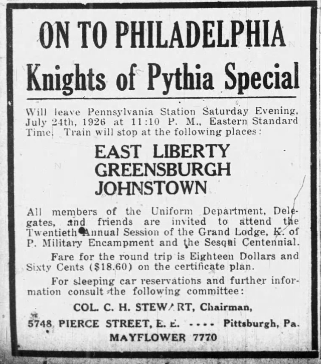 1926 Knights of Pythias train excursion advertisement for Philadelphia convention travel.