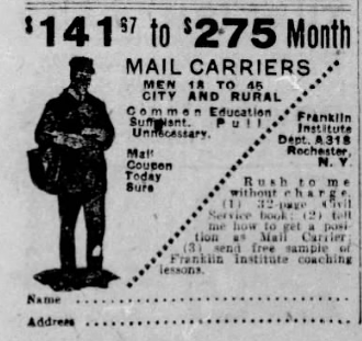 Vintage 1926 newspaper advertisement promoting mail carrier training courses.