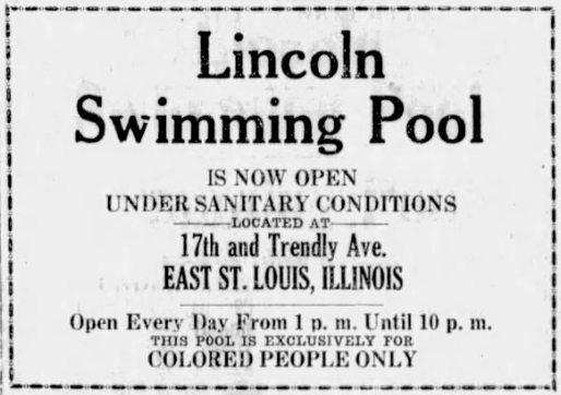 1926 newspaper advertisement announcing Lincoln Swimming Pool in East St. Louis for African American patrons.