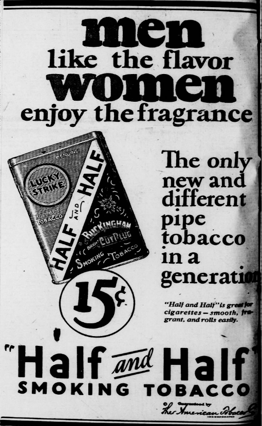 1926 Half and Half smoking tobacco advertisement promoting pipe tobacco with a five-cent package and Lucky Strike branding.
