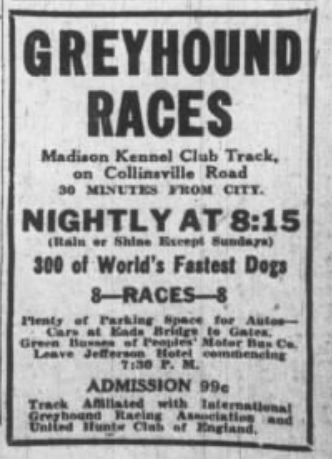 Vintage 1926 newspaper advertisement for Greyhound racing at Madison Kennel Club Track near St. Louis.